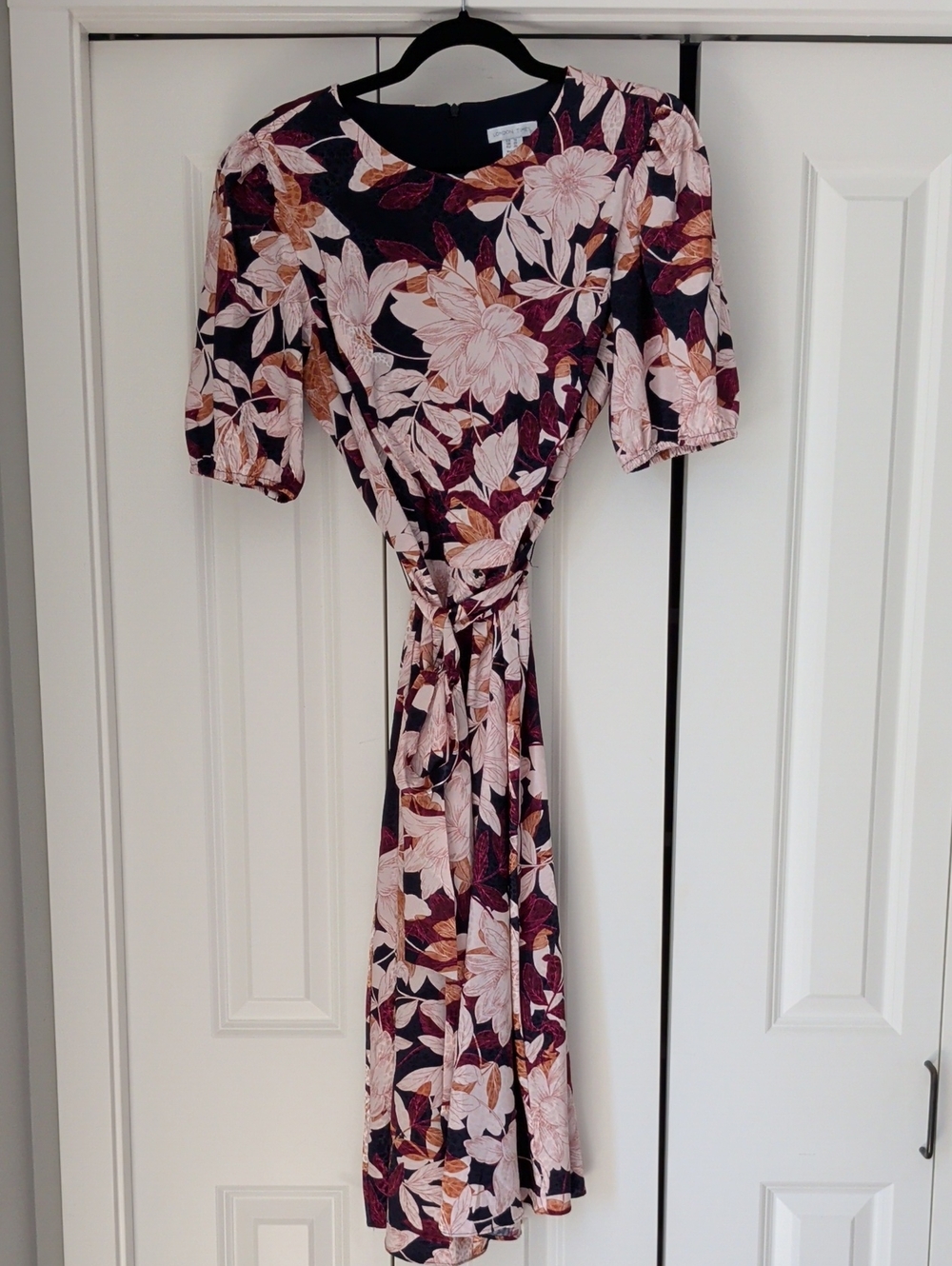London Times Floral Tie-Waist Midi Dress in Navy, Blush & Burgundy
